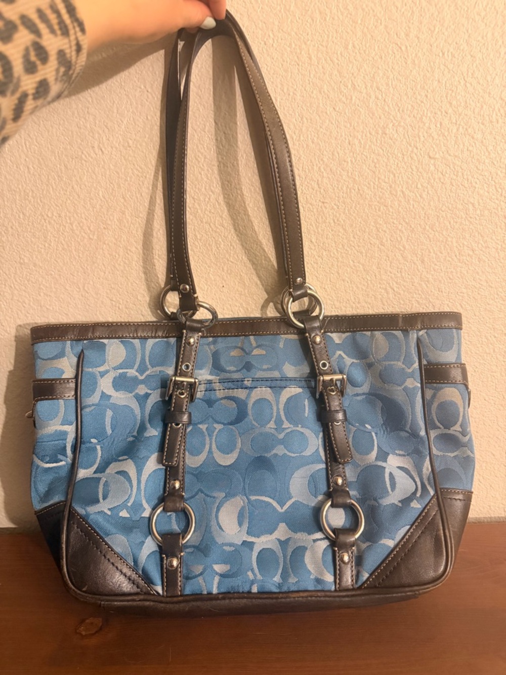 Coach Blue Signature Canvas Shoulder Turn Lock Tote with Brown Leather Trim